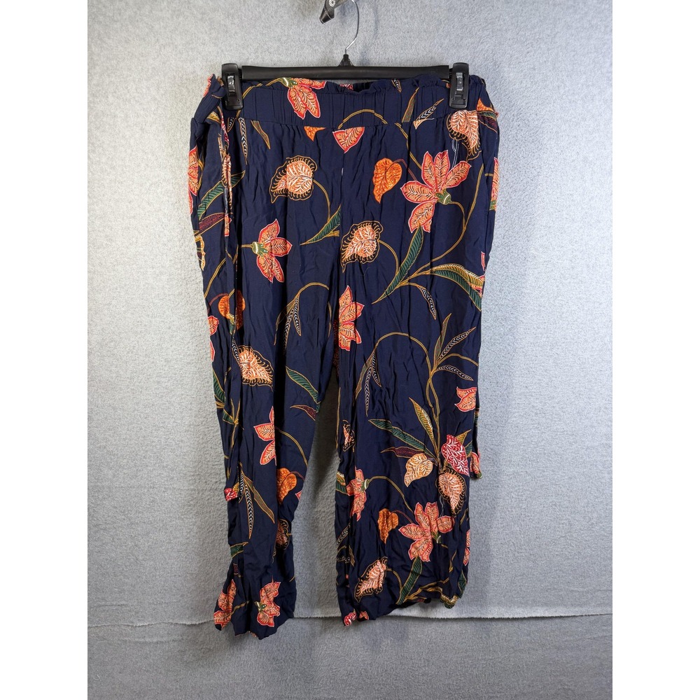 LOFT Pants Womens Large Blue Floral Print Crepe Jogger Elastic Waist Casual